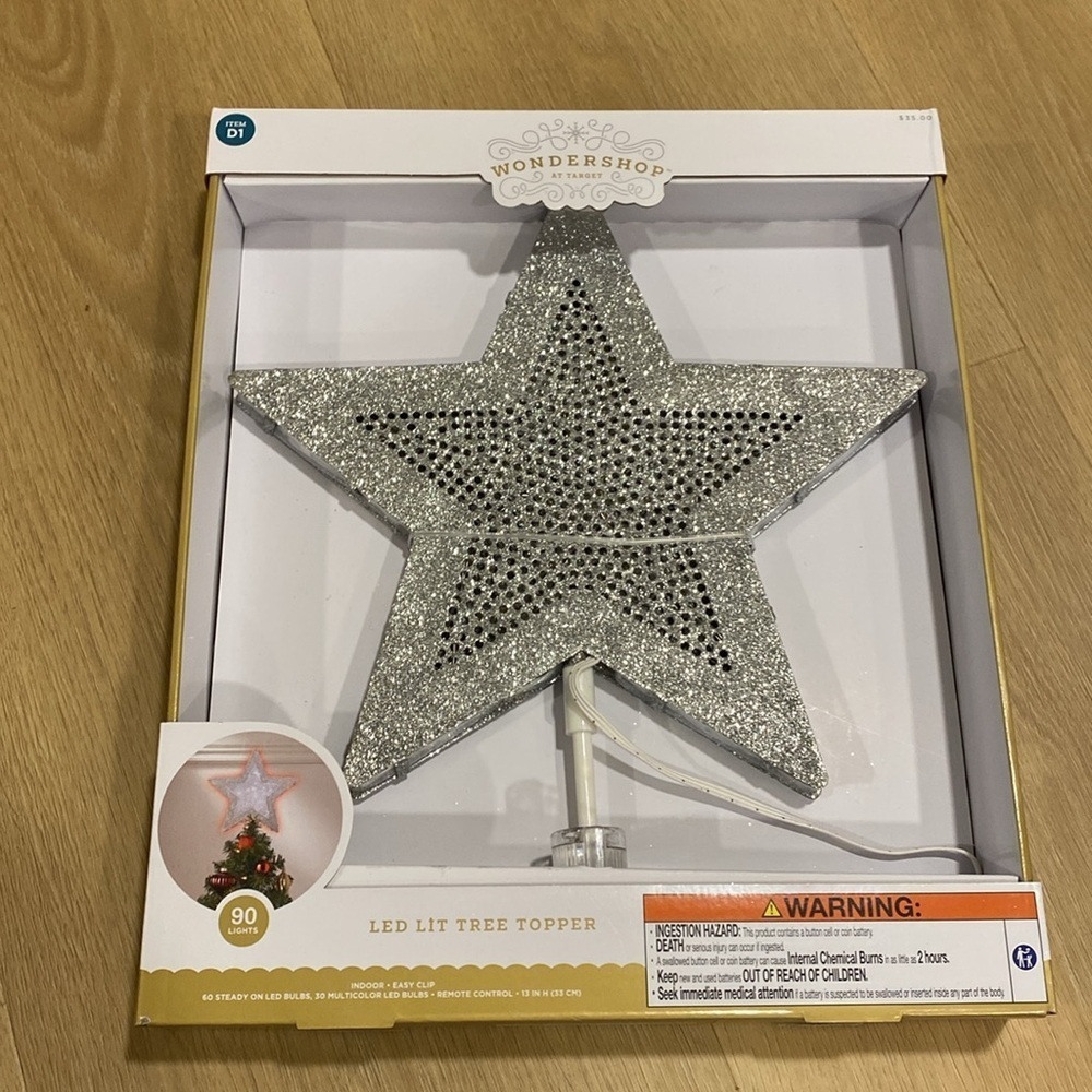 NWT WONDERSHOP LED Lit 90 Lights Silver Star Tree Topper with easy clip
